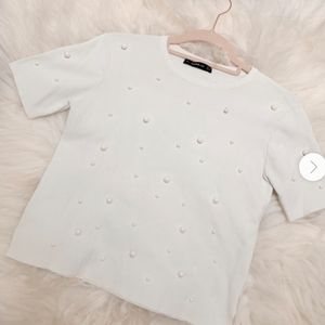 2/$45 Knit faux pearl studded short sleeve top